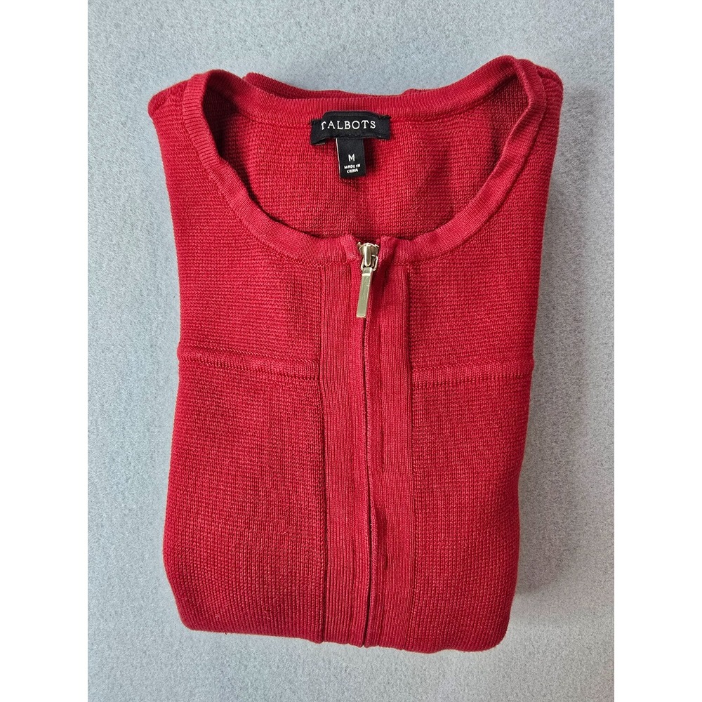 Talbots Womens Cardigan Sweater Medium Red Holiday Christmas Zip Waffle Knit